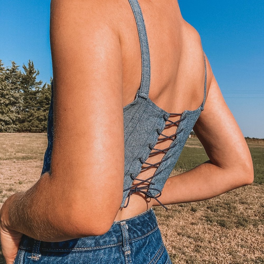 Denim Logo-Pattern Crop Top in Blue - Picture 3 of 5